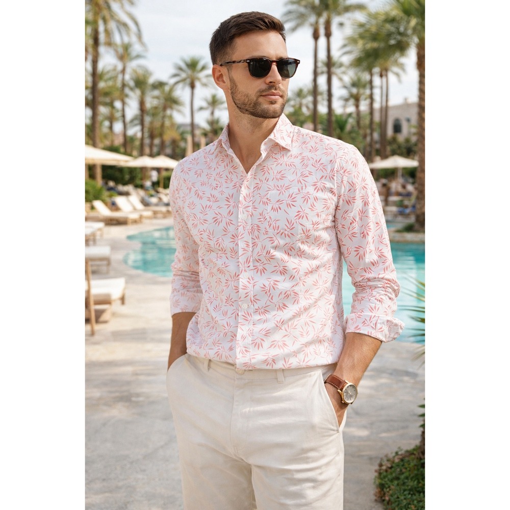 Bar III Slim Fit Stretch Organic‎ Cotton Button Down Palm Leaf Print Shirt Sz L